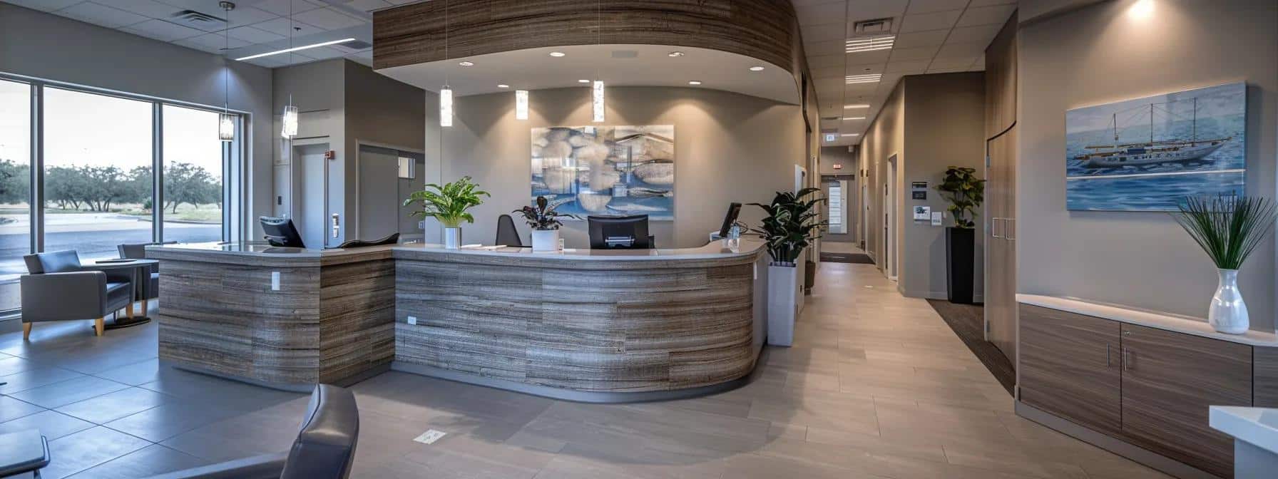 a modern dental clinic reception area in cleburne, texas, featuring sleek design elements and a welcoming atmosphere, where patients eagerly await immediate walk-in services for prompt dental care.