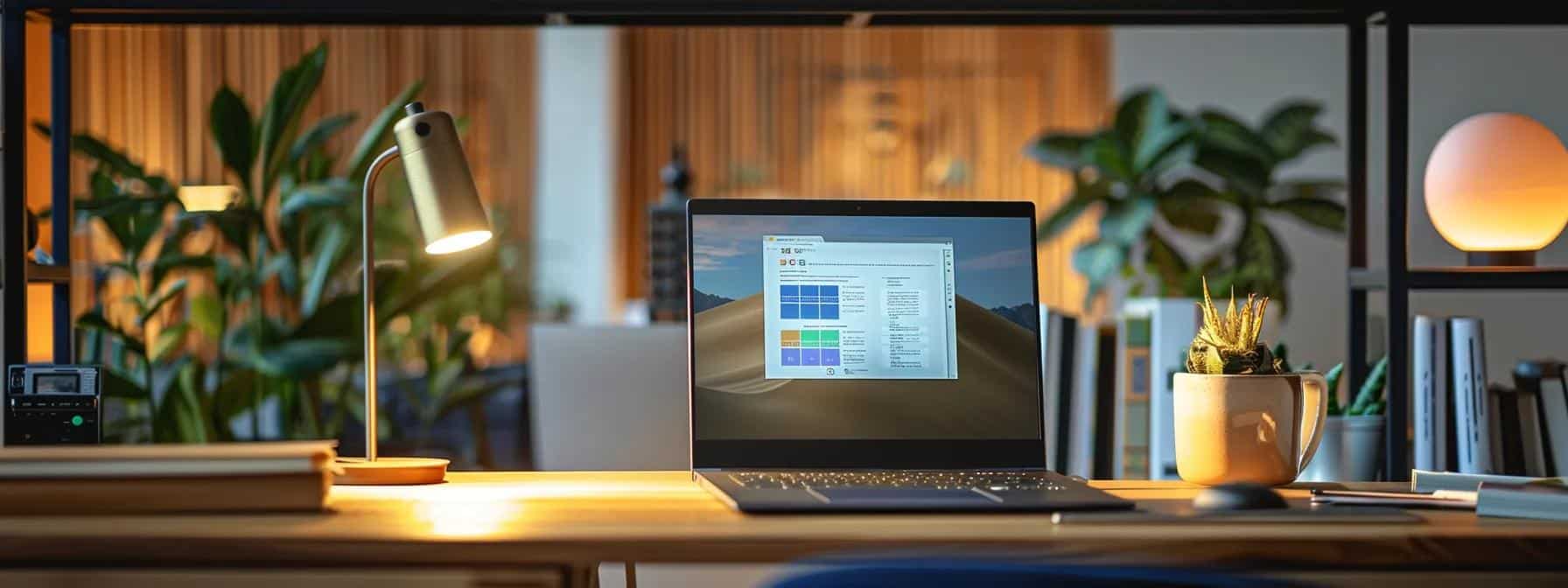 a modern office desk, clutter-free and organized, showcases a sleek laptop displaying a digital payment management tool, illuminated by warm indoor lighting that conveys a sense of focus and productivity.