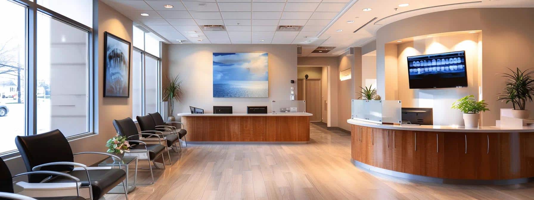 a professional dental office reception area, featuring a sleek desk with a digital appointment screen and an inviting waiting area, highlighting the urgency of accessing immediate emergency dental care.