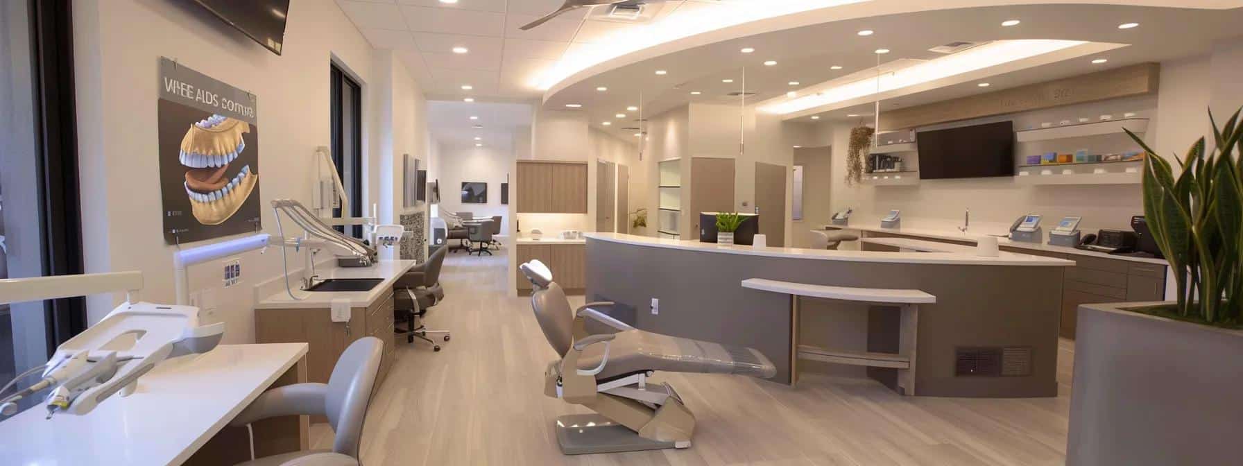 a sleek dental office is meticulously arranged with clear displays of models illustrating teeth extractions, implants, and dentures, capturing the professional environment where patients weigh their options for dental restoration.