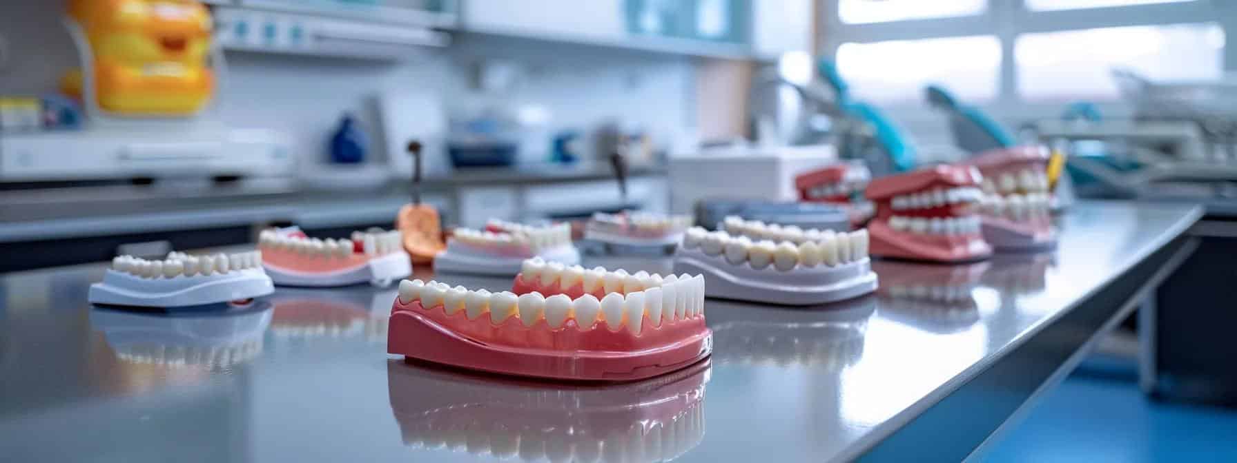 a sleek, modern dental office showcases a vibrant array of various denture types displayed prominently on a polished countertop, emphasizing the diversity and quality of dental solutions available for individual oral health needs.