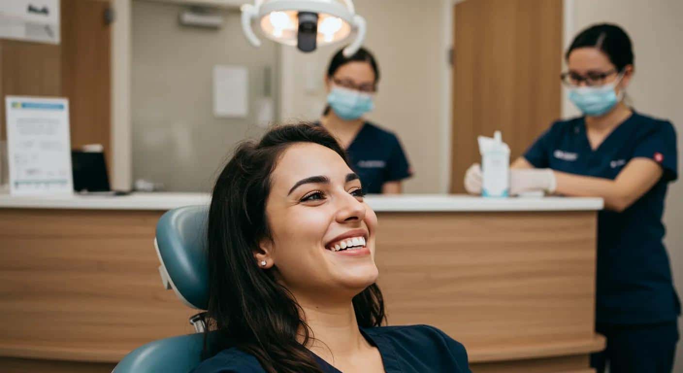 a warm, inviting dental clinic reception area showcases a satisfied patient smiling brightly with newly fitted dentures, while a professional staff member engages positively in the background, accentuating the welcoming atmosphere and quality care.