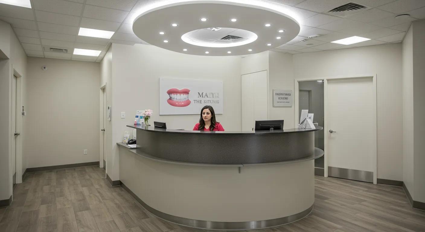 a sleek dental clinic reception area in mansfield, texas, showcases a modern design with clean lines, where patients consult about affordable dentures with a knowledgeable staff member seated at a polished desk, highlighting a blend of professionalism and comfort.