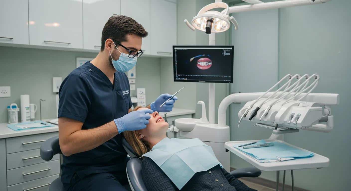 a modern dental clinic with a well-lit, pristine treatment room featuring a dental chair and advanced equipment, where a dental professional is demonstrating proper aftercare techniques for full-mouth dental implants to a focused patient, emphasizing the importance of oral hygiene and post-surgery care.