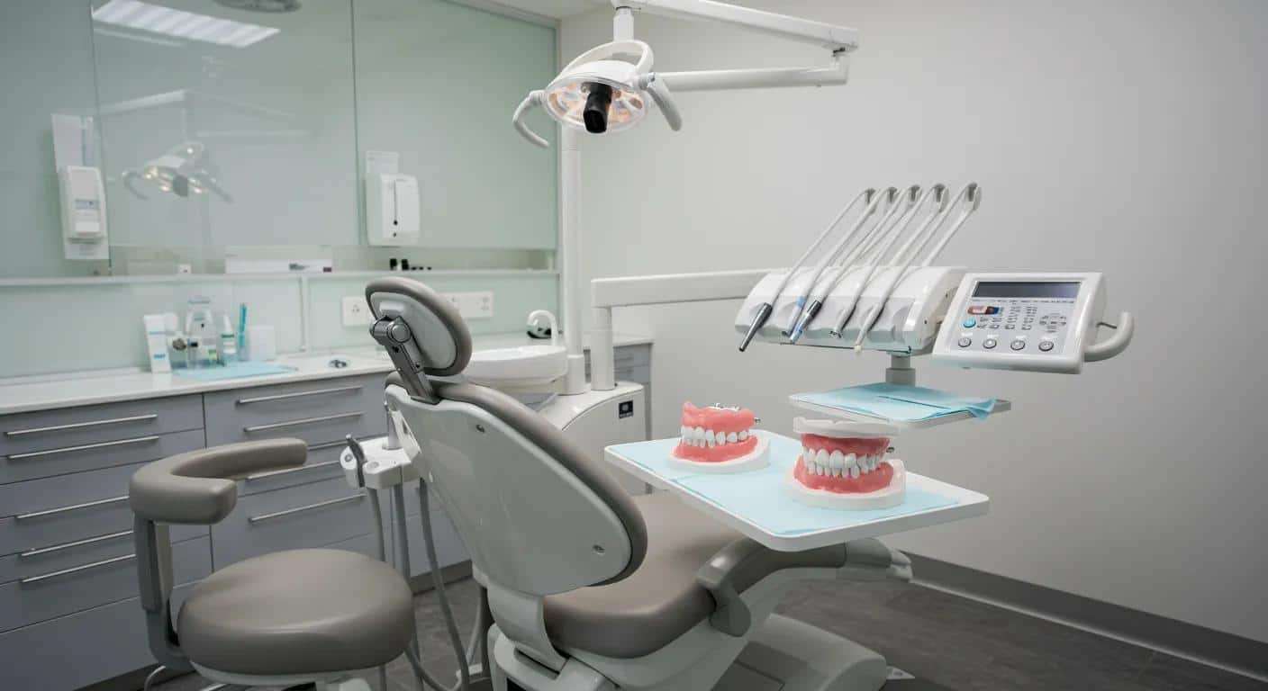 a sleek dental office interior features a pristine dental chair and a detailed model of dentures prominently displayed, emphasizing the sophisticated technology and care involved in dental prosthetics.