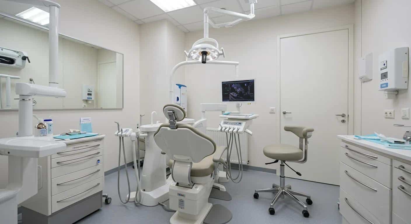 a modern dental clinic interior features a bright, well-organized treatment room with advanced equipment ready for immediate denture fitting, capturing the urgency and innovation of same-day dental solutions.
