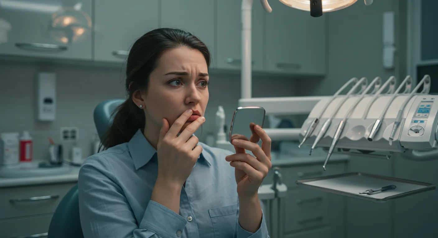 a worried patient sits in a modern dental office, glancing at their reflection in a polished mirror, revealing the discomfort of adjusting to dentures while surrounded by dental tools and a soft, clinical ambiance.