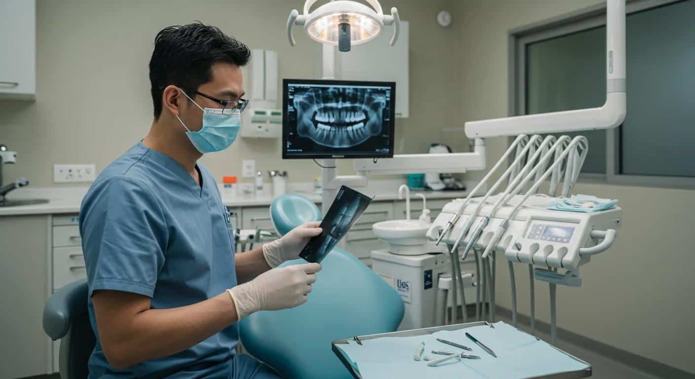 a clinical dental surgery room, featuring a sterile dental chair and advanced imaging equipment, captures a focused dentist meticulously reviewing x-rays, symbolizing the critical precision required to prevent dental implant failures.