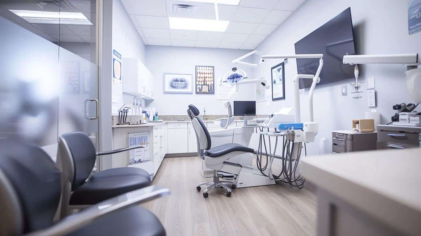 a bright and modern dental clinic interior features a dentist consulting with a patient, discussing denture adjustments, surrounded by clean, sophisticated equipment and informational dental care posters on the walls.