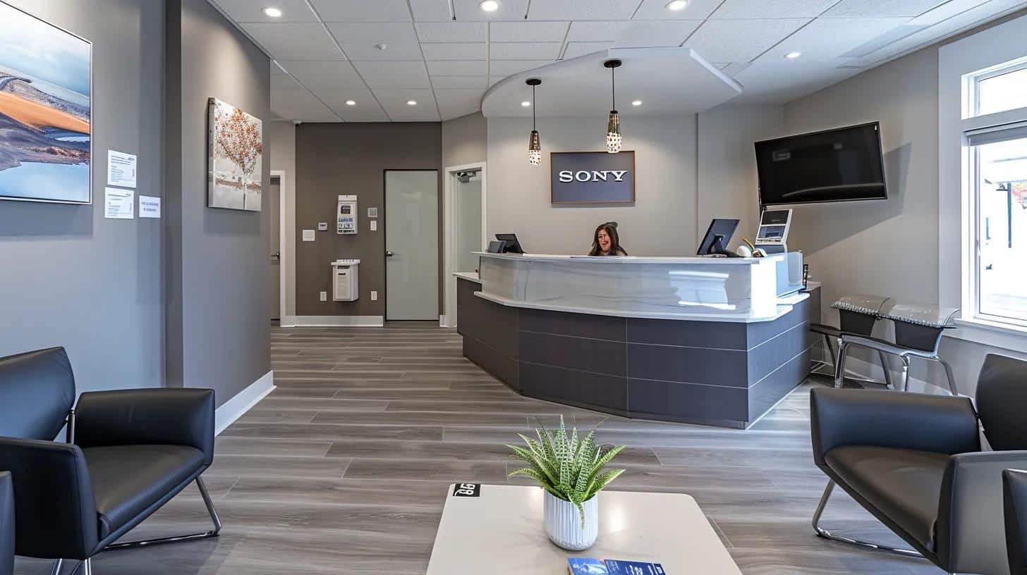 a bright and modern dental clinic reception area features a sleek consultation desk, showcasing a friendly dentist discussing digital denture fitting options with a patient, surrounded by advanced dental equipment and informative brochures.
