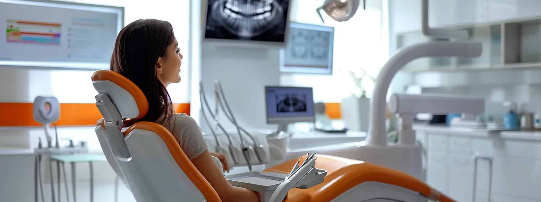 a bright, modern dental clinic interior features a patient sitting comfortably in a sleek dental chair, attentively listening to a professional dentist who is explaining oral care protocols for maintaining dental implants, with advanced dental tools and educational posters in the background.