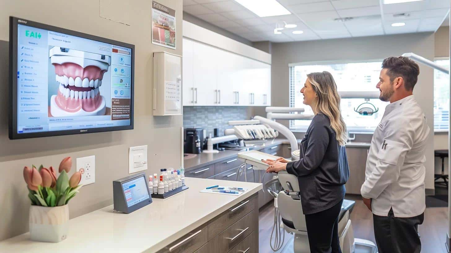 a bright, modern dental office features a smiling patient consulting with a professional while showcasing a clear view of advanced dentures displayed on a sleek countertop, emphasizing comfort and innovation in dental care.