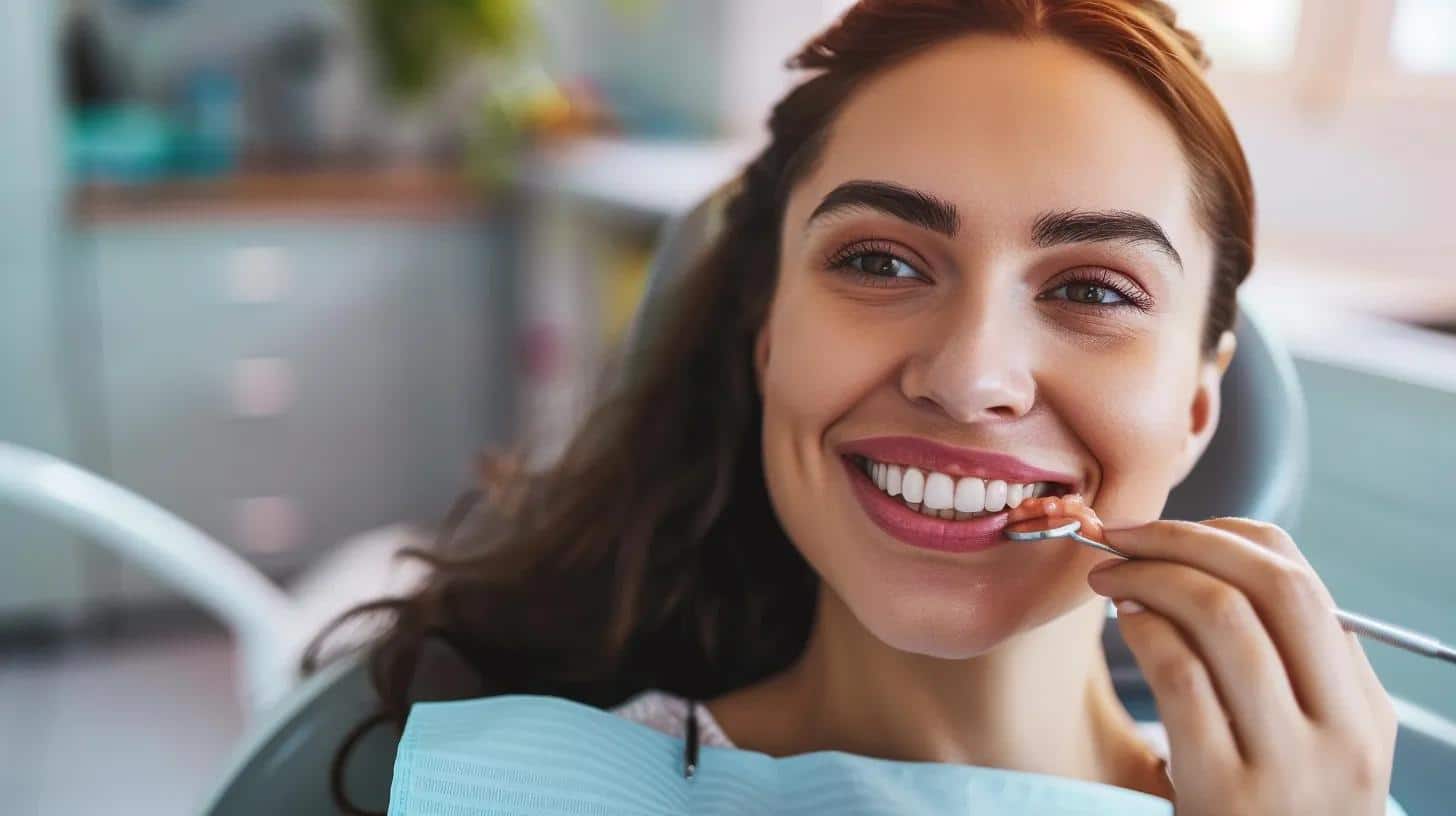 a bright, modern dental clinic showcases a smiling patient confidently chewing on a piece of food, highlighting the transformative impact of well-fitted dentures on eating and overall health.