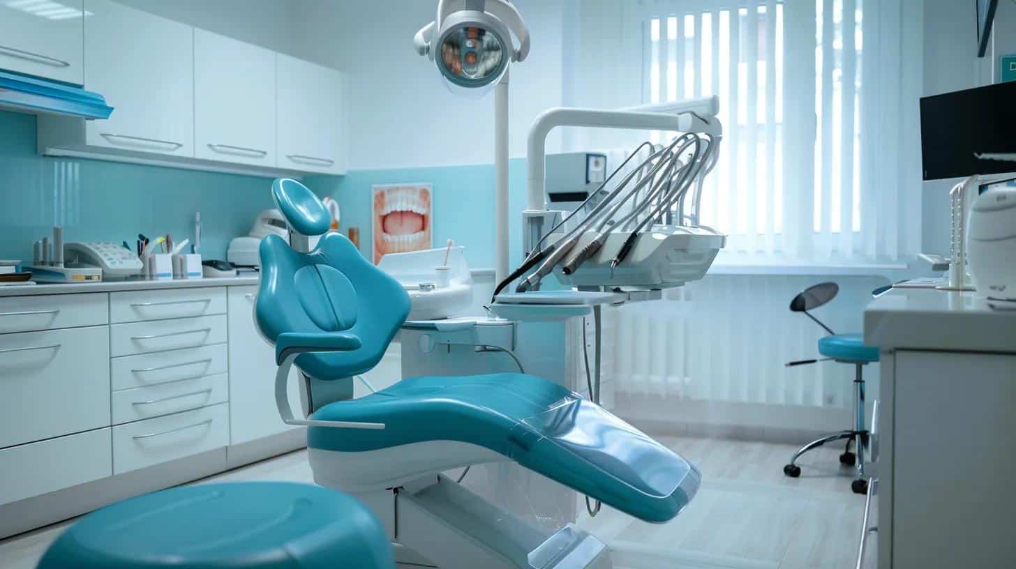 a bright, modern dental office scene showcases a smiling patient discussing a fitting consultation for partial dentures with an attentive dentist, surrounded by dental tools and a high-tech impression scanner.