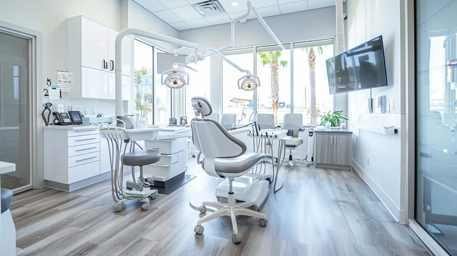 a bright, modern dental clinic in lake worth, featuring sleek, high-tech dental chairs and equipment, capturing the inviting atmosphere for patients exploring dental implant options.