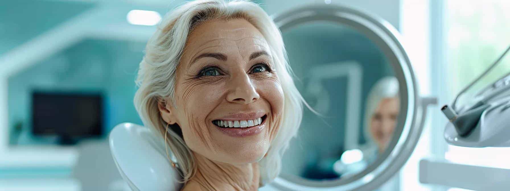 a bright, modern dental office showcases a smiling middle-aged patient confidently trying on a set of full dentures in front of a large mirror, reflecting the theme of dental restoration and personal transformation.