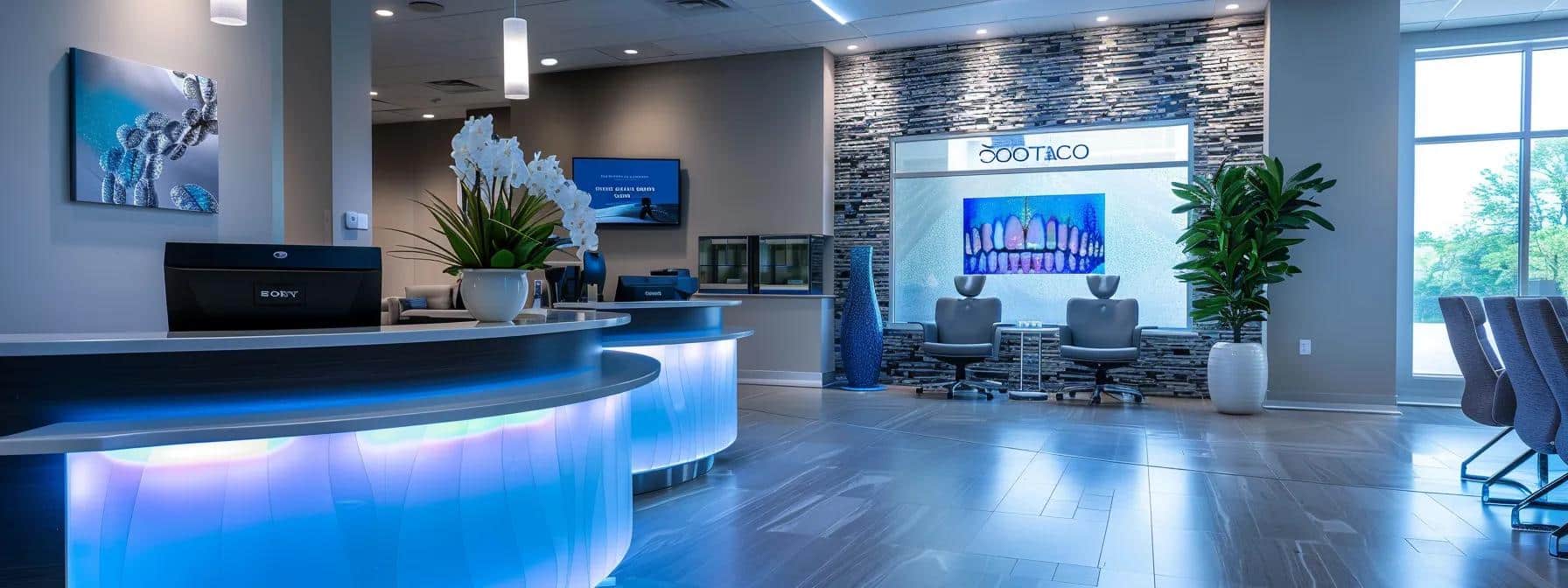 a bright, modern dental clinic reception area in denton showcases welcoming, stylish decor with a friendly receptionist ready to assist patients seeking affordable tooth replacement options.
