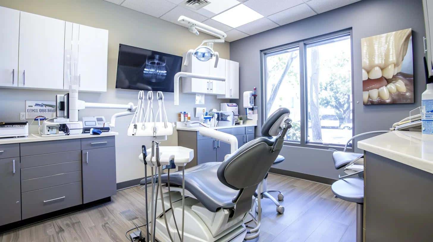 a bright, modern dental office with a patient seated comfortably in a high-tech dental chair, surrounded by advanced equipment and a calming color palette, conveying professionalism and a welcoming atmosphere for those considering dental implants.