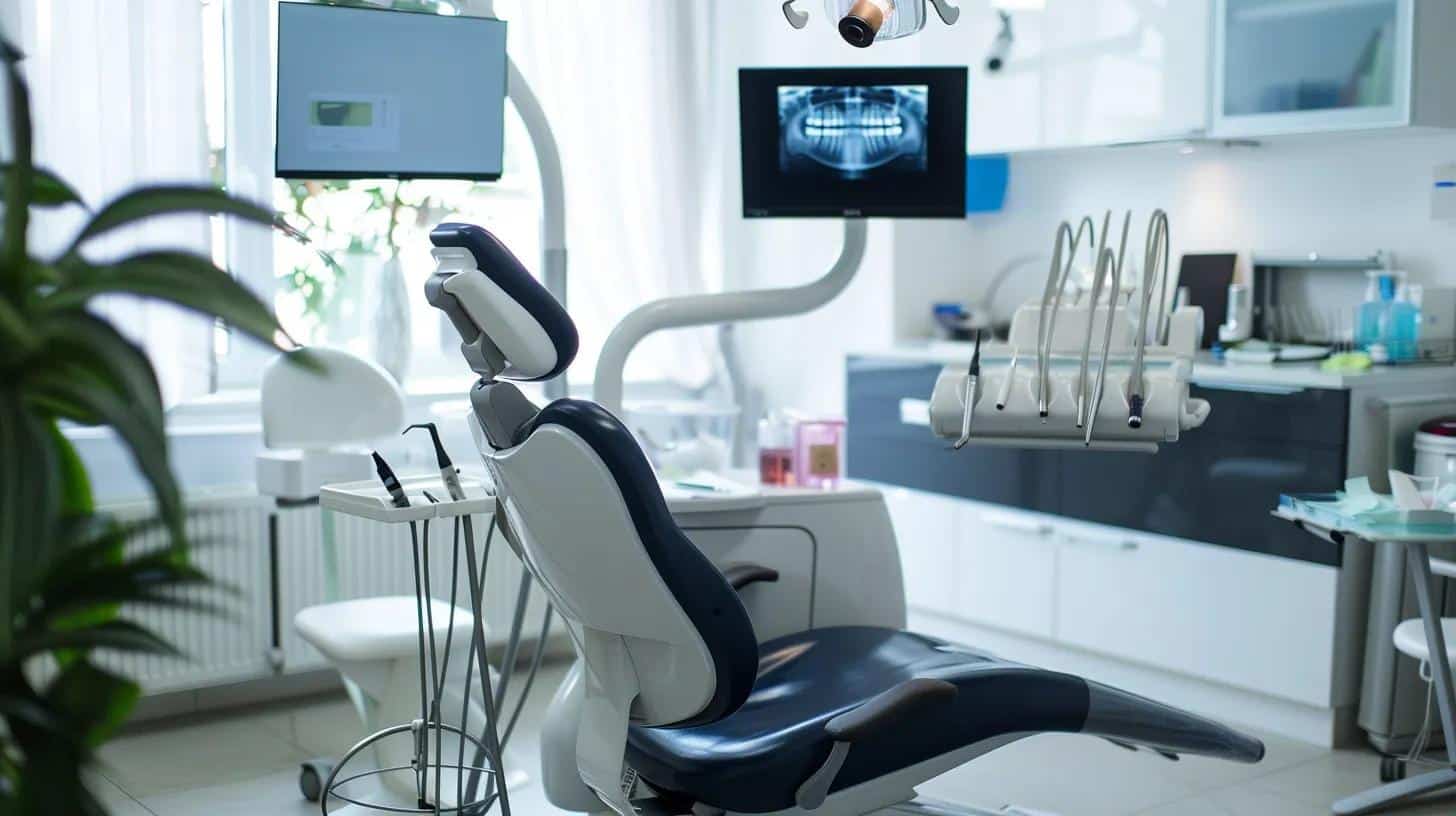 a bright, well-organized dental office featuring a patient comfortably seated in a modern dental chair while a dentist examines and adjusts a set of full dentures, highlighting the importance of ongoing care and maintenance in the long-term experience of denture wearers.