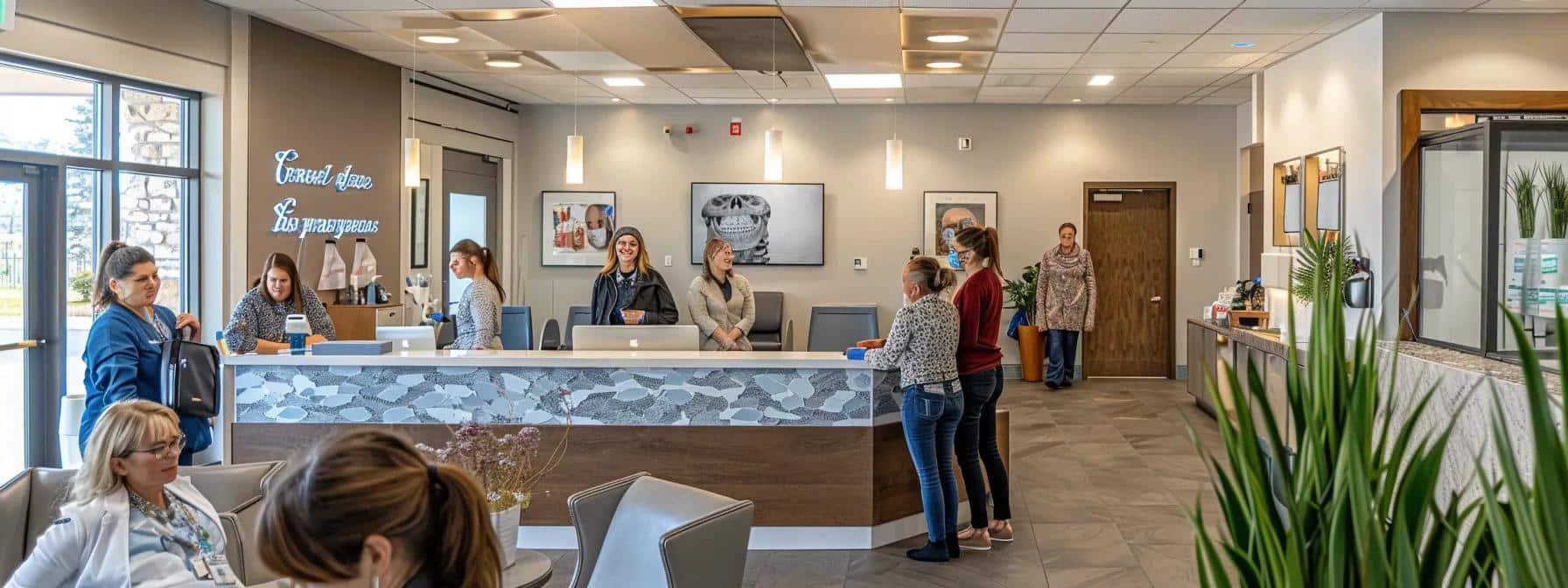 a bustling dental clinic reception area in grandbury, featuring a warm and professional ambiance with smiling staff assisting patients, indicative of accessible and affordable emergency dental care options.