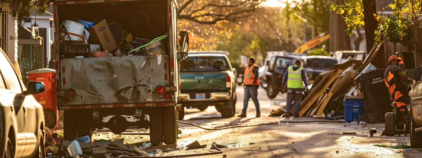 a busy urban junk removal team efficiently loading a truck with assorted household clutter and construction debris in a sunlit granbury street, emphasizing their eco-friendly service approach.