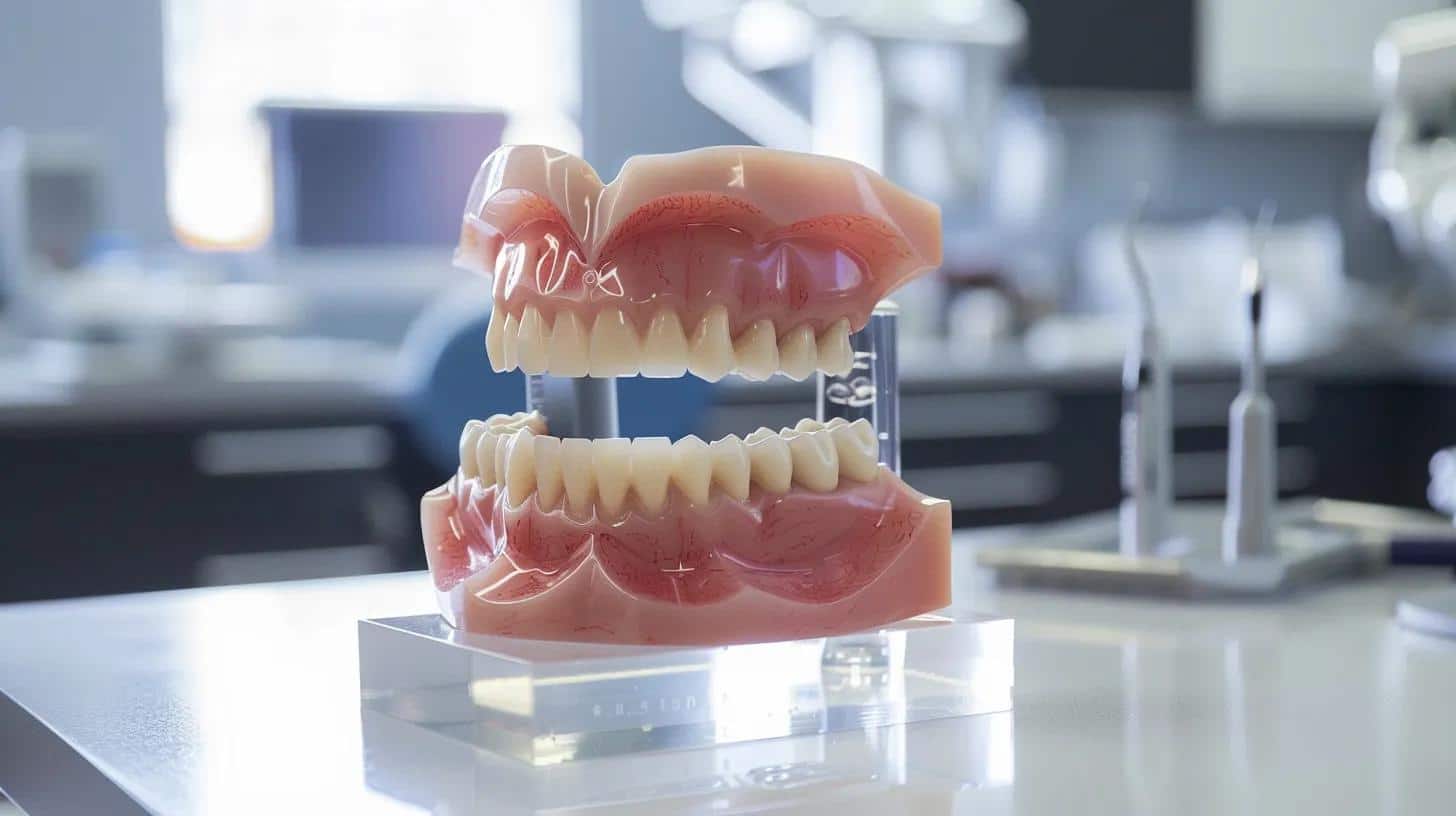 a clinical dental office scene showcases a dentist demonstrating the fitting of well-crafted dentures on a realistic model, emphasizing the precise alignment and supportive features designed to protect gum health and preserve jawbone integrity.