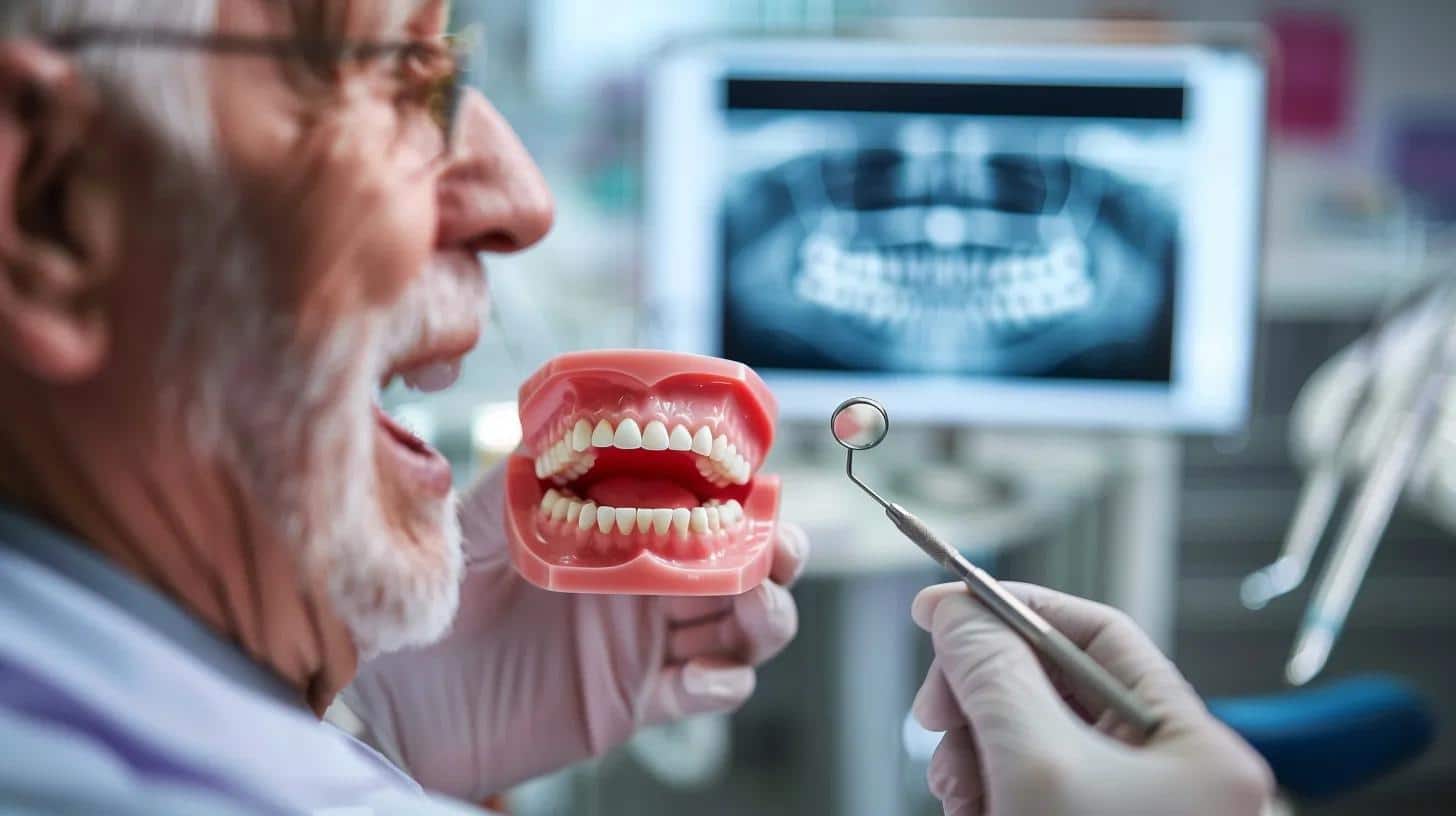 a close-up of a worried elderly person in a modern dental office, looking into a mirror at their visibly misaligned dentures, with dental tools and an x-ray chart in the background, emphasizing the impact of poor denture fit on oral health.