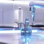 a sleek dental clinic interior showcases a confident patient smiling brightly, highlighting the innovative implant retained dentures displayed on a modern treatment table, surrounded by advanced dental equipment and soft, warm lighting.