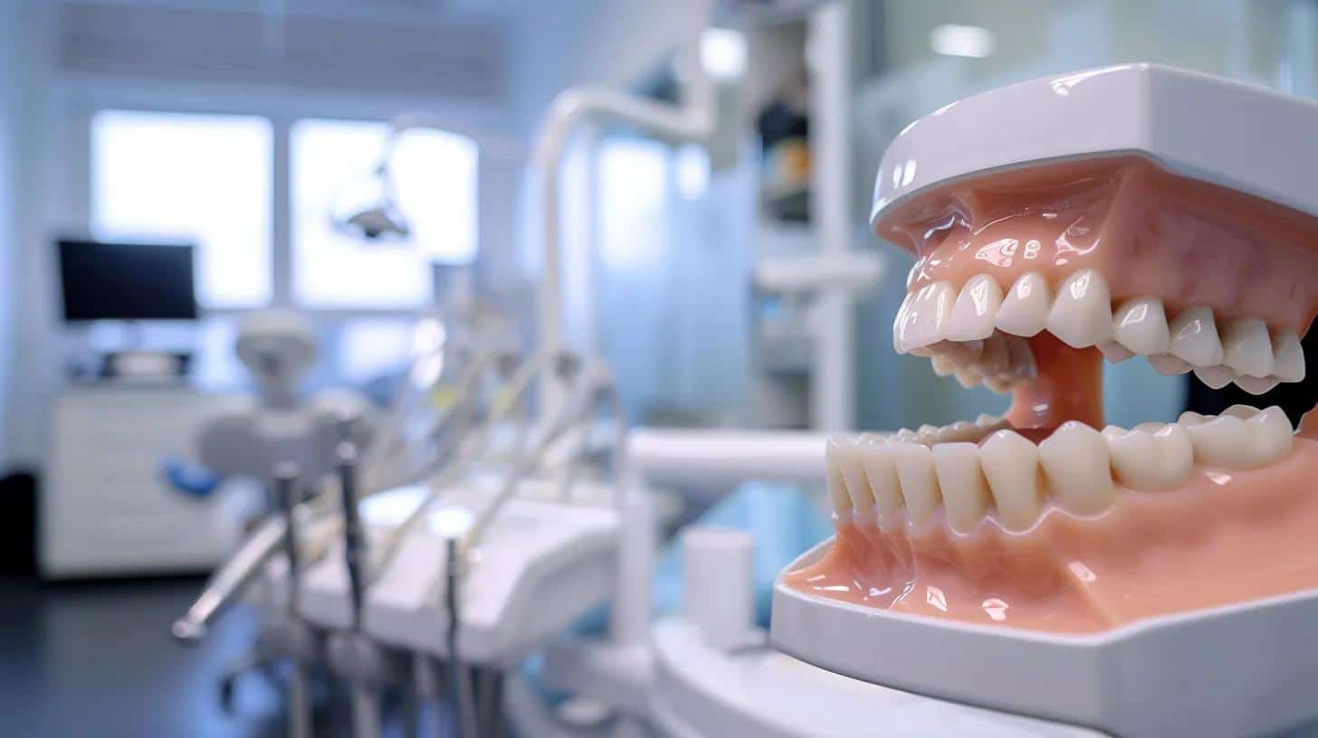 a close-up view of a smiling individual confidently speaking in a modern dental clinic, showcasing dentures that enhance their speech clarity, with a sleek, contemporary design of dental tools and equipment in the background to highlight the importance of dental health.