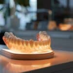 a close-up shot of a sleek, modern dental clinic showcasing an elegantly arranged display of diverse denture types, illuminated by soft, clinical lighting to emphasize the craftsmanship and innovation in dental technology.