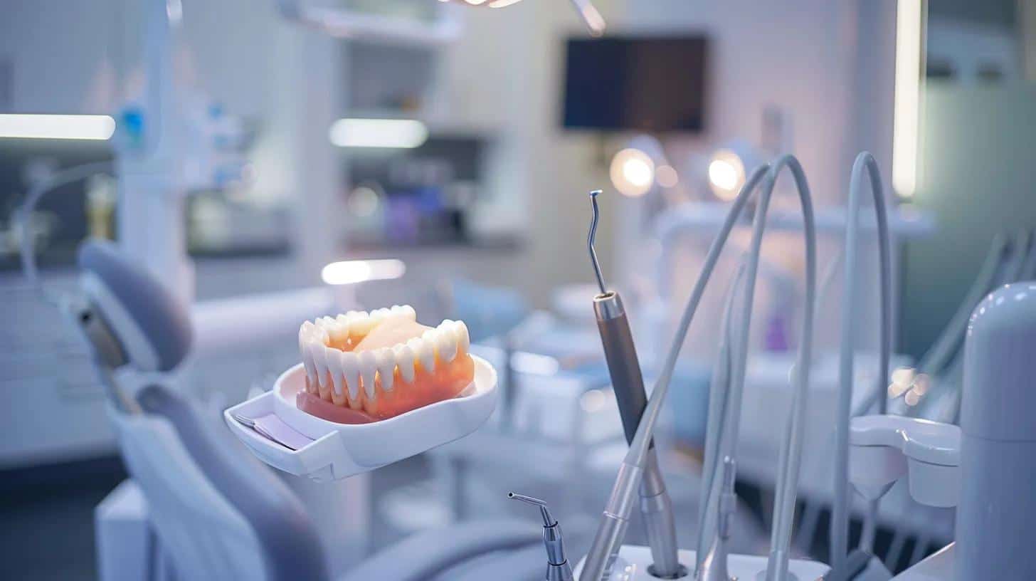 a close-up view of a confident individual speaking in a modern dental clinic, showcasing their radiant smile with veneers, while various dental tools and technology subtly highlight the advanced nature of dental procedures surrounding them.