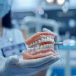 a close-up view of a sleek, modern dental office where a patient is confidently smiling while examining a perfectly fitted set of dentures in a well-lit, professional environment.