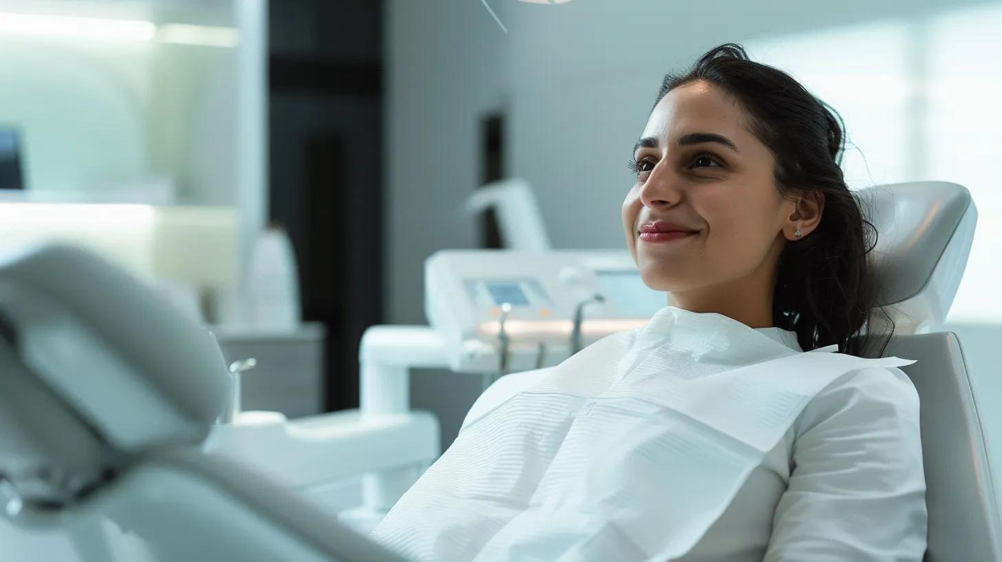 a close-up of a patient sitting in a modern dental office, their expression reflecting a mix of curiosity and apprehension as they experience the unfamiliar sensation of full dentures for the first time, surrounded by sleek dental equipment that emphasizes the clinical setting.