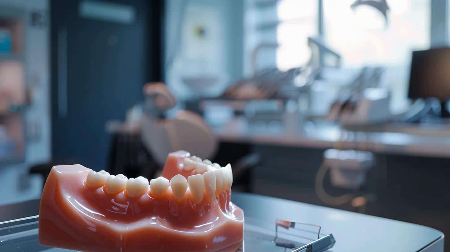 a close-up of a modern dental office showcasing a patient in a chair, looking thoughtfully at a dental model of dentures, illuminated by bright, clinical lighting that emphasizes the emotional weight and concerns surrounding denture wear and maintenance.