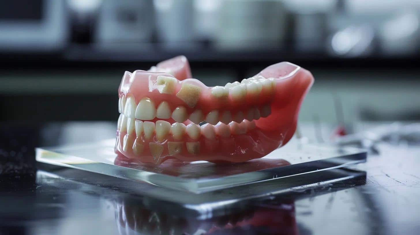 a close-up view of a perfectly fitted pair of high-quality dentures on a sleek, polished dental workbench, showcasing the meticulous details of the inner surface and the precise alignment of artificial teeth against a backdrop of advanced dental technology.