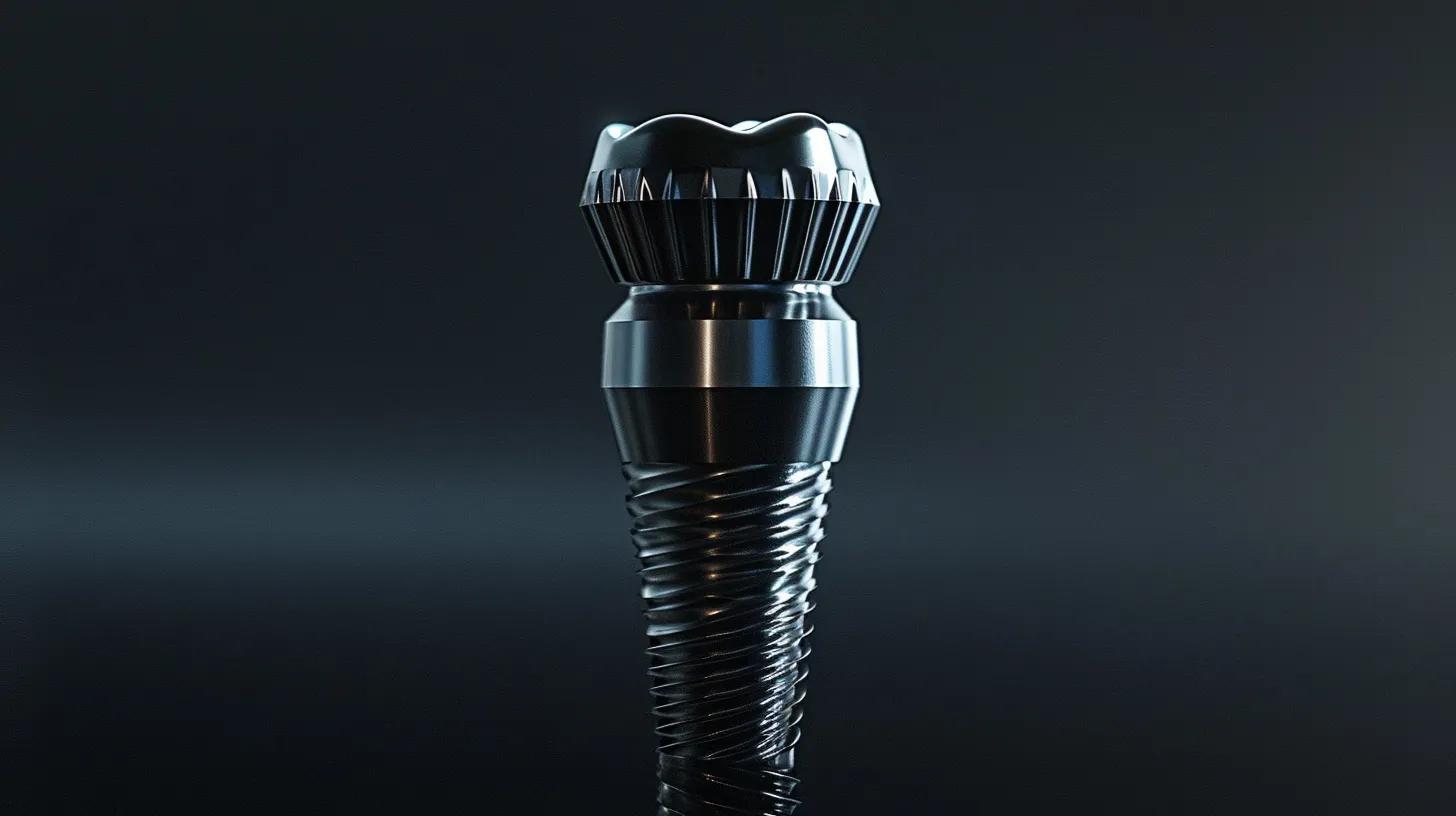 a close-up shot of a sleek, modern dental implant showcased on a polished black surface under dramatic studio lighting, highlighting its metallic sheen and intricate design for a high-tech dental environment.