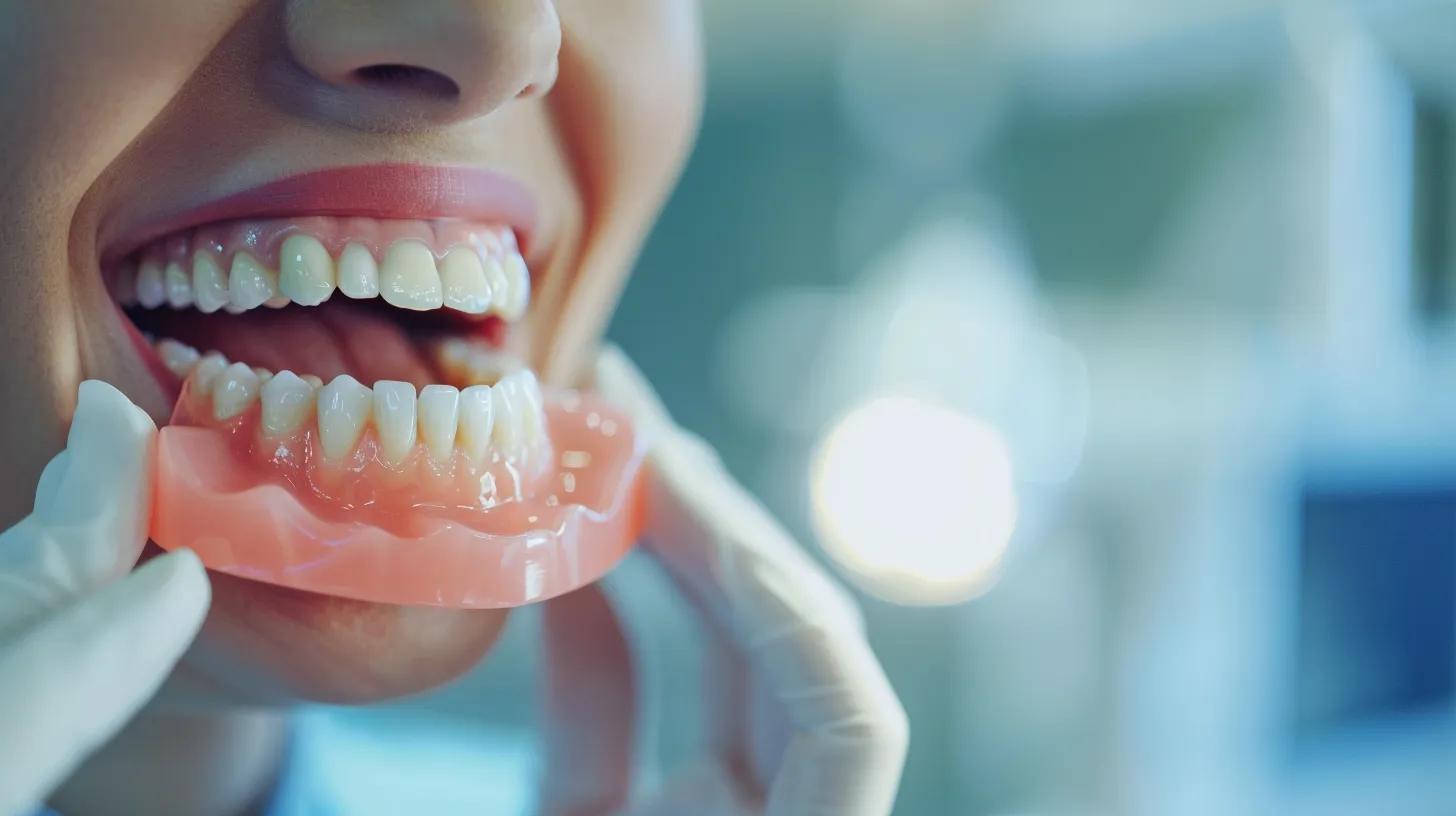 a close-up shot of a confident individual smiling broadly in a modern dental office, showcasing perfectly fitting and natural-looking dentures, with a soft-focus background emphasizing the professional atmosphere and advanced dental technology.