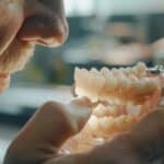 a close-up shot of a middle-aged person thoughtfully examining a set of dentures on a sleek, modern dental office countertop, with a bright, clinical ambiance highlighting the nuances of comfort and aesthetic in dental care.