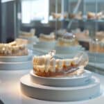 a close-up view of a pristine dental lab, showcasing an array of realistic dentures displayed on a sleek, modern countertop under bright, artificial lighting, highlighting their intricate details and craftsmanship.