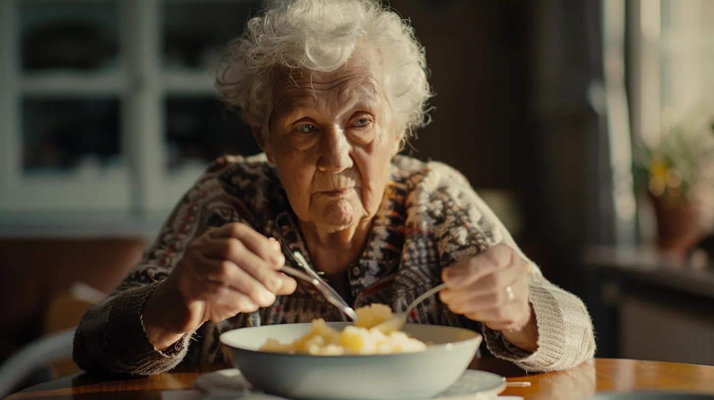 a close-up of a mature individual seated at a sleek, modern dining table, carefully taking a small bite of soft mashed potatoes, with a focused expression reflecting the learning curve of adapting to full dentures.