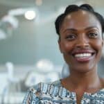 a close-up of a confident individual in a sleek, modern office, showcasing an expressive smile with pristine dental veneers, while engaging in an animated conversation, highlighting the impact of veneers on speech.