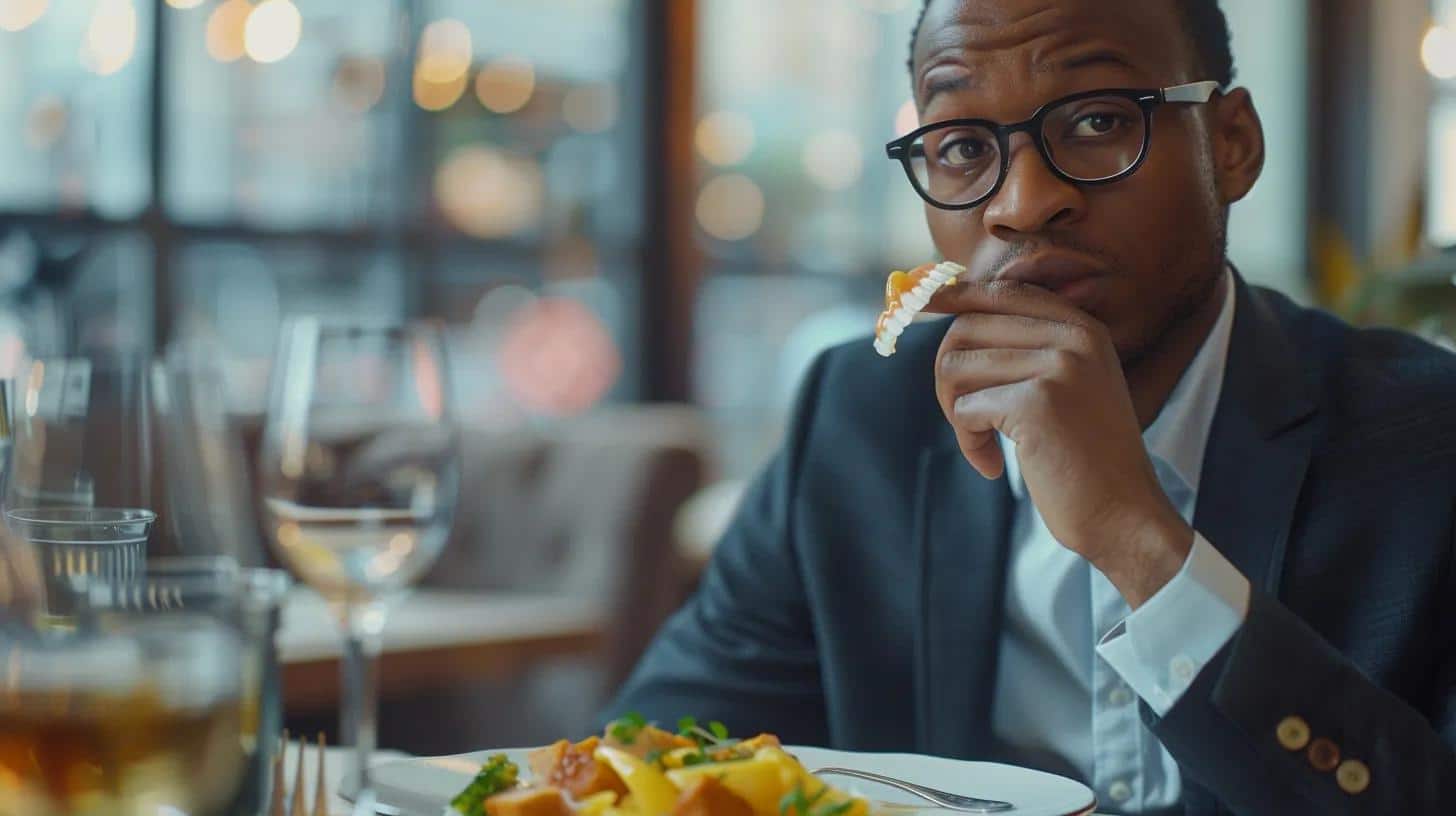 a close-up shot of a well-dressed individual sitting at a modern dining table, looking contemplative while attempting to eat a soft meal, with a subtle expression of frustration conveying the challenges of denture use affecting both eating and speech clarity in a sophisticated urban setting.