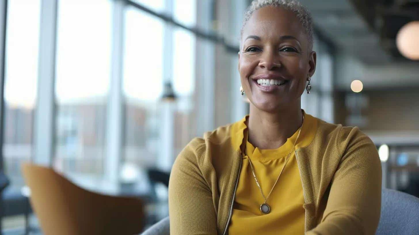 a confident individual in a modern office, engaging in a lively conversation, with a bright smile that highlights the transformative impact of well-fitted dentures on their speech and social presence.
