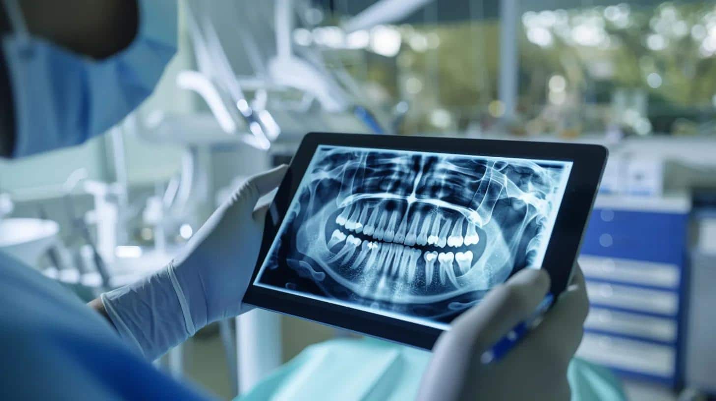 a dental surgeon in a modern clinic confidently examines a detailed x-ray on a digital tablet, highlighting the precise placement of titanium dental implants amidst a sleek, high-tech surgical environment.