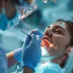 a dentist's modern clinic showcases a close-up of a patient receiving a soft realignment for dentures, with bright, clinical lighting highlighting the detailed dental tools and the focused expressions of the dental professionals.