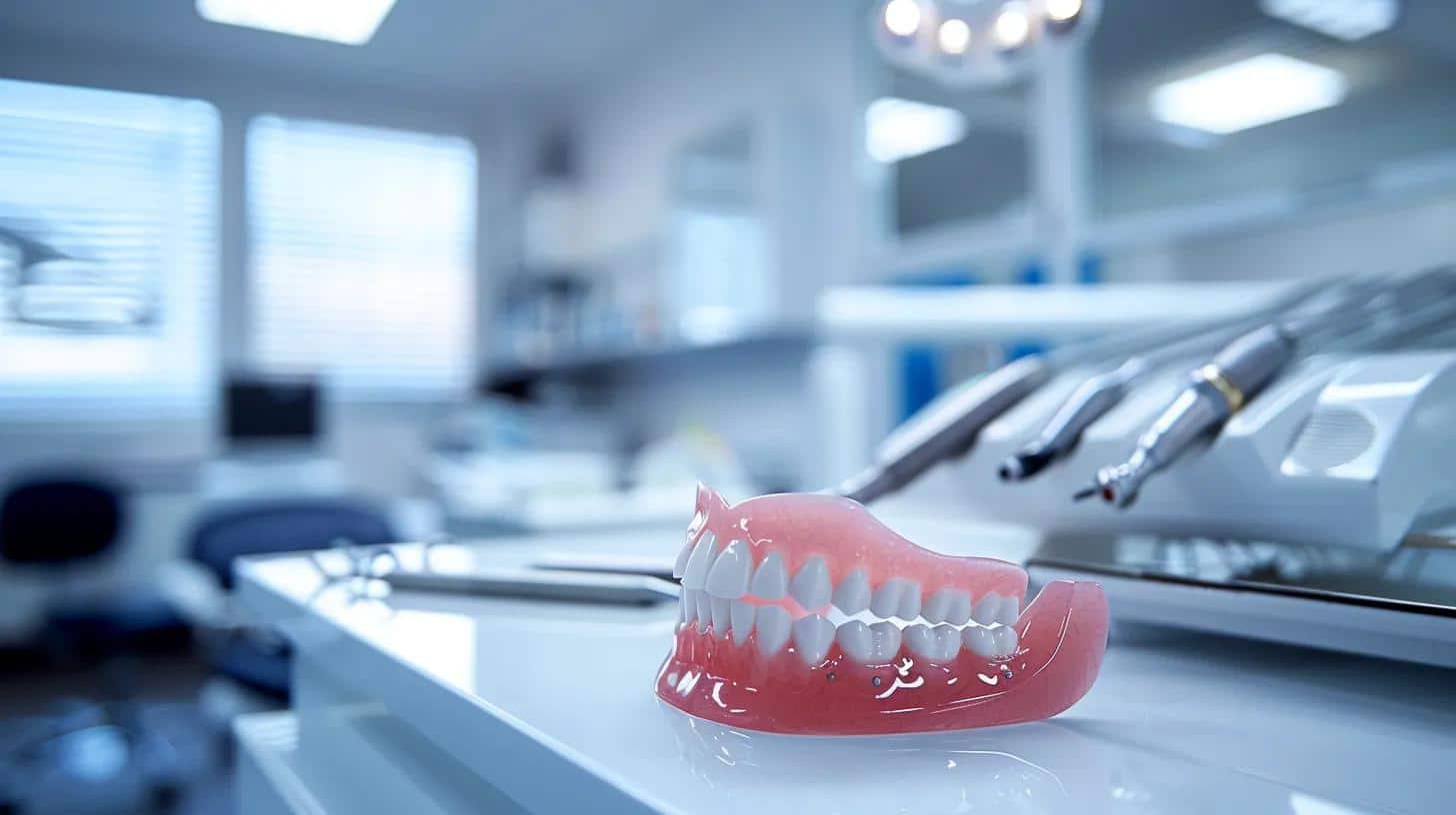 a dentist's office features a close-up view of a set of dentures resting on a sleek, modern dental workstation, highlighting the contrast between their pristine condition and the potential issues of fit caused by changes in oral tissues over time.