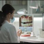a focused and well-lit dental office setting showcases a patient examining a pair of dentures in a mirror, emphasizing the theme of self-adjustment and personal care in dental health.