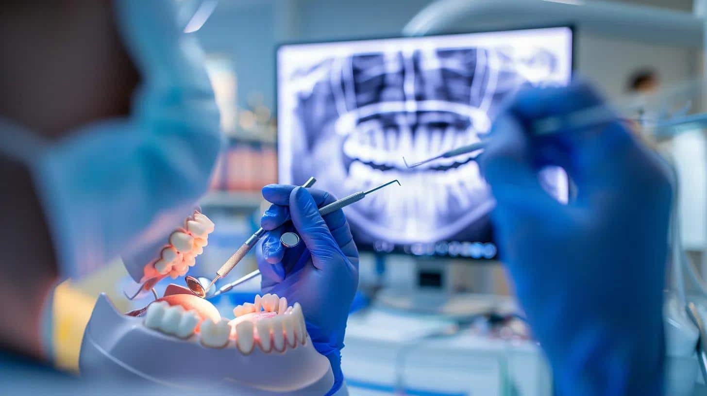 a focused dental clinic setting showcases a dentist meticulously adjusting dentures on a patient, surrounded by specialized tools and radiographic images, highlighting the precision and care involved in the adjustment process.