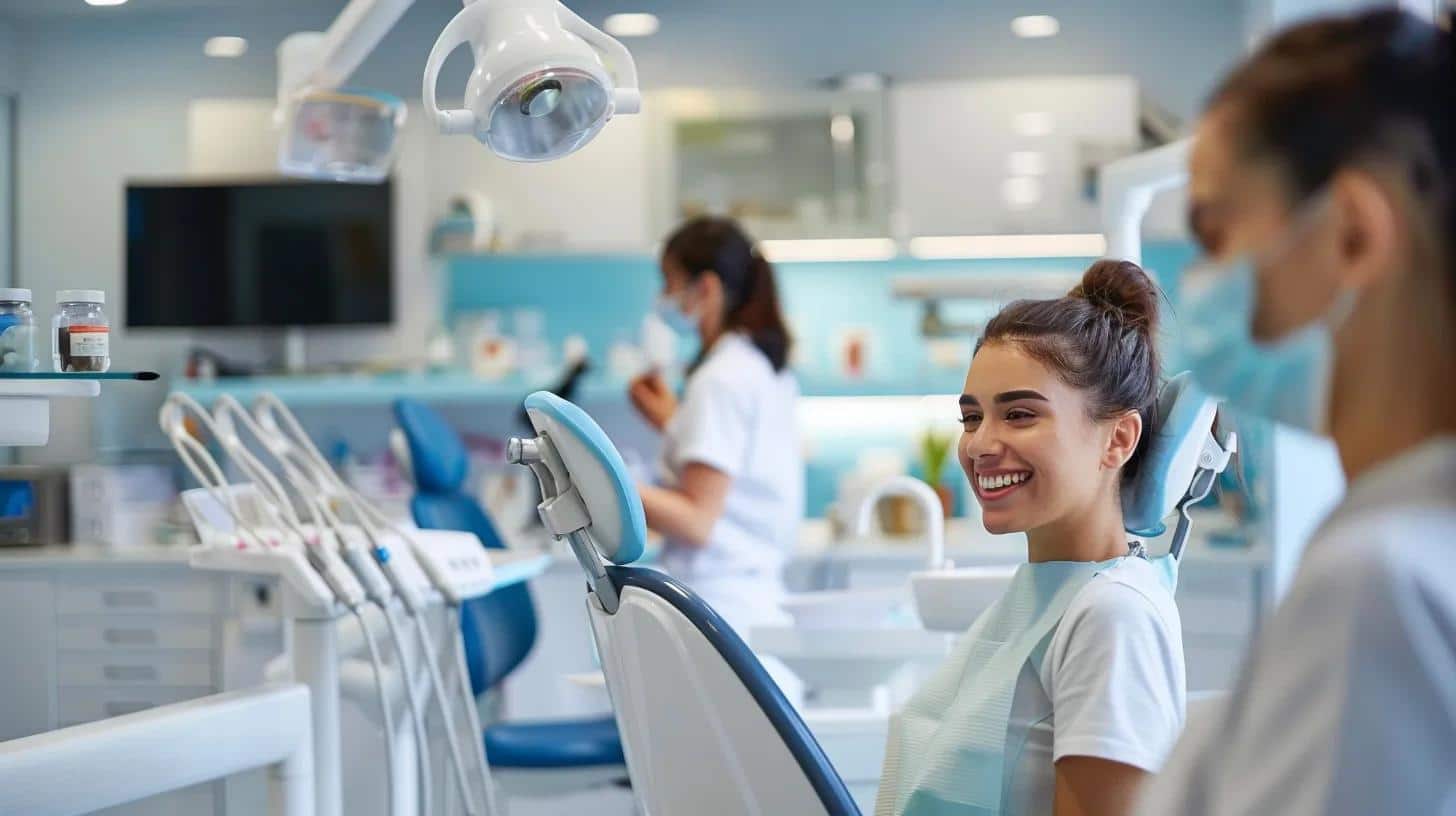 a focused dental clinic interior showcases a patient confidently smiling with immediate dentures, surrounded by modern dental equipment and an attentive dentist in a well-lit, clean environment.