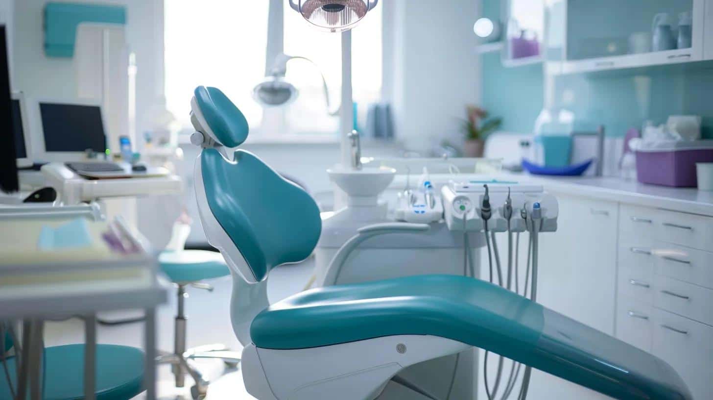 a focused dental clinic setting captures a professional adjusting dentures on a sleek dental chair, surrounded by modern tools and a vibrant, sterile atmosphere, emphasizing patient care and precision.